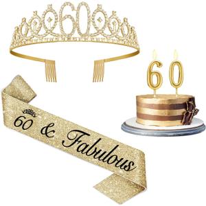 60th Birthday Decorations for Women Gold with Sash and Tiara, Gold Number Candles, 60th Birthday Gifts for Women