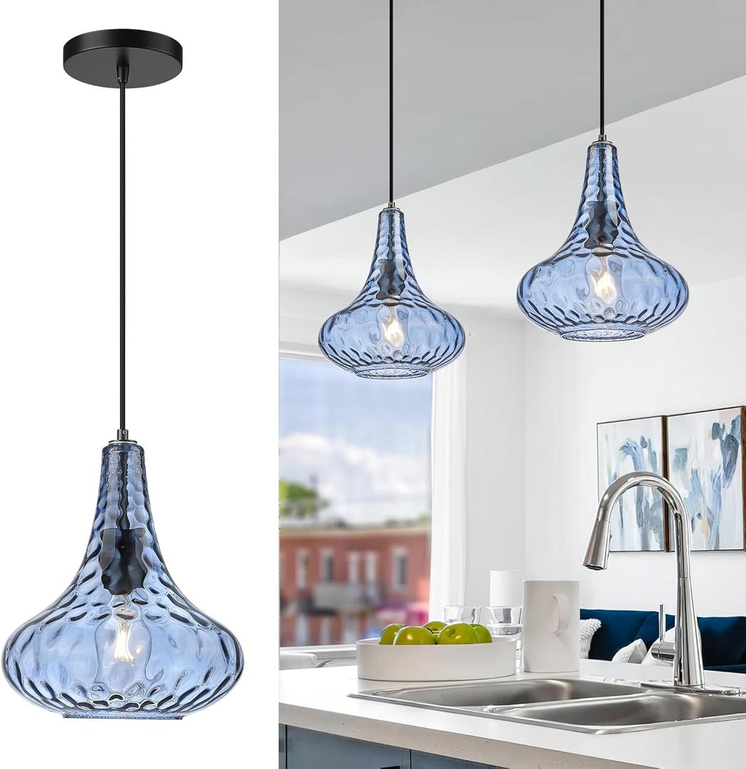 AUTELO Blue Pendant Lights Kitchen Island, 10" Hammered Glass Pendant Lights, Modern Pendant Light Fixtures in Matte Black Finish, Hanging Lamp for Dining Room, Kitchen Sink, H9164 BU