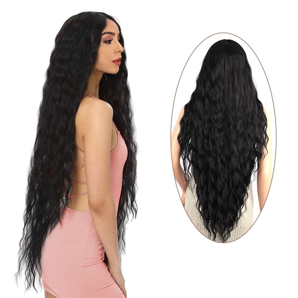 FORCUTEU 38 Long Black Wig for Women Super Long Water Wavy Wigs Heat Resistant Synthetic Soft Wavy Fluffy Curly Wig for Daily Party Use (Black)