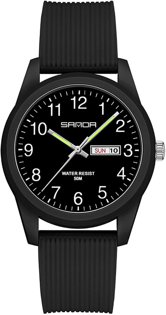 Men Women Watch Minimalist Sports 50M Waterproof Luminous Day Date 42mm Lightweight ABS TPU Strap Analog Quartz Casual Everyday Gift (Black)