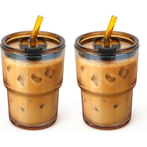 13 oz Glass Tumbler with Glass Straw and Lid, Leak-Proof Reusable Travel Cup for Iced Coffee, Tea, Matcha, Fruit Juice  Thick Wall Clear Water Bottle (Amber, 2 Pack)