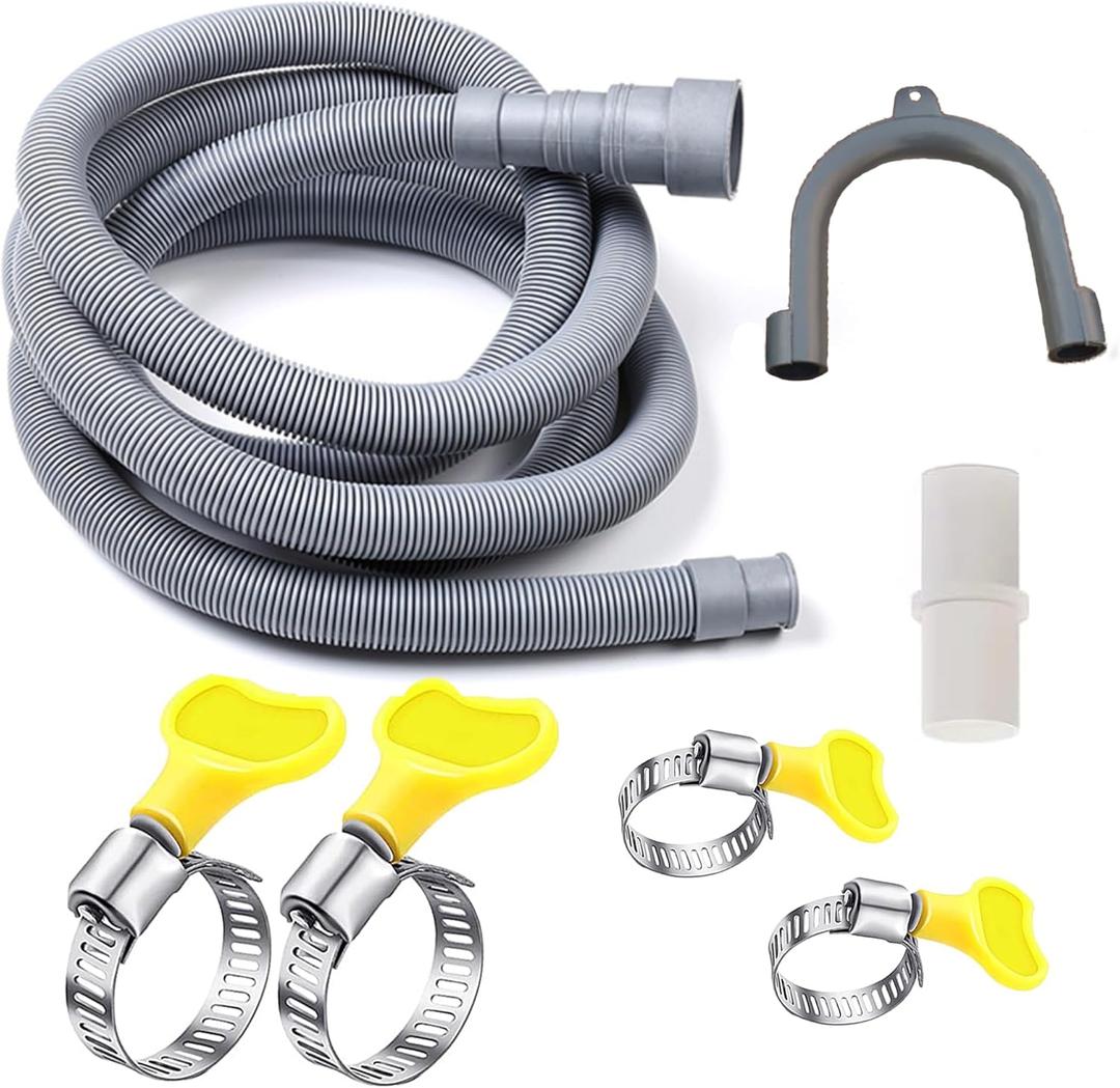 HLMOptimo 10 Feet Universal Washing Machine Drain Hose Flexible Dishwasher Drain Hose Extension Kits Corrugated Washer Hose w/ 1 Adapter 4 Clamps 1 U-Bend Holder