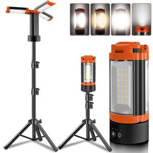 Rechargeable 12000mAh Camping Light with Adjustable Stand, Cordless Work Light with 3 LED Lamp Heads, 2200 Lumens Dimmable Magnetic Emergency Flashlight with Detachable Tripod, Orange