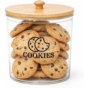 Cookie Jars with Wooden Lids Airtight, 2L Plastic Cookie Tin, Wide Mouth Candy Jar, Kitchen Counter Food Storage Container, Cute Jar for Gift Giving, BPA-Free, Round, Clear