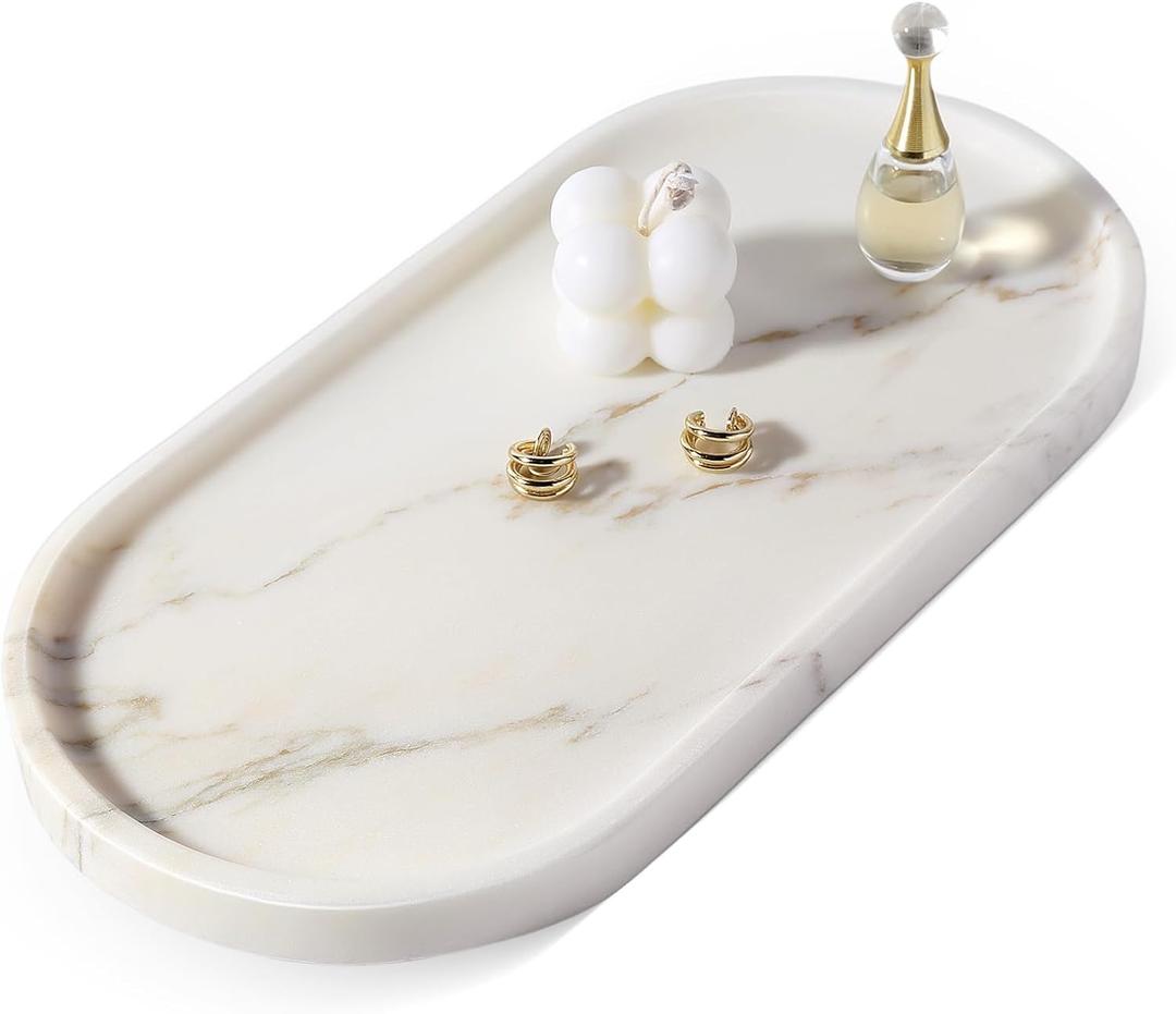 Koville White Marble Tray with Gold Pattern for Bathroom Counter, Stone Trays for Home Decor Marble Vanity Tray, Stone Storage Trays for Perfume, Jewelry, Decorative Tray for Dresser Organizer (12" x 6" x 0.7")