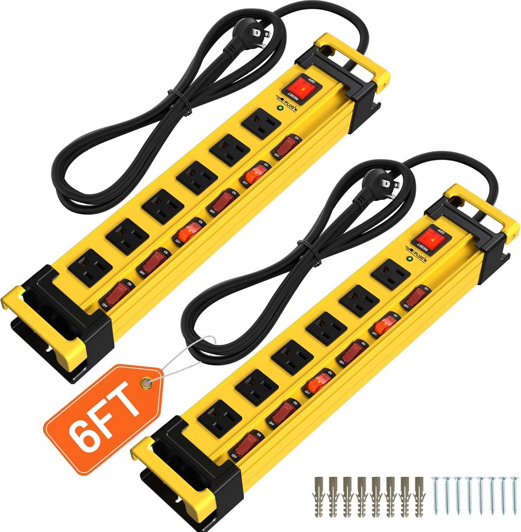 2 Pack Power Strip Surge Protector 2700J with Individual Switches and Flat Plug, 6 Outlet Heavy Duty Metal Power Strips with Cord Manager and Hook, Mountable 6FT 14AWG Extension Cord