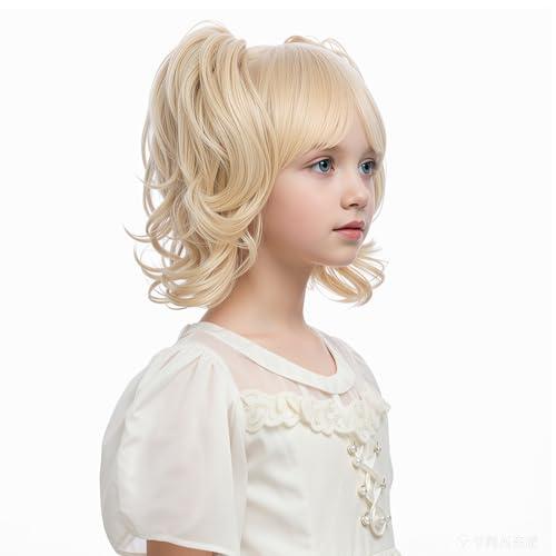 DUDUWIG Kids Blonde Two Ponytail Wig Girls Short Light Blonde Wavy Curly Wig with Bangs Heat Resistant Synthetic Wigs with Cap