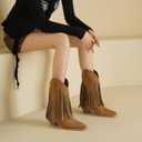 Women's Rhinestone Fringe Cowgirl Ankle Boots, Sparkly Western Cowboy Boots Pointed Toe Knee Block Chunky Middle Heel Pull On Bling Tassel Booties for Women Girl Party