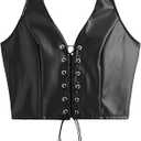SweatyRocks Women's Faux Leather Crop Tank Top Lace Up Tie Front Halter Tops  &  SHENHE Women's Glitter Sequin Leopard Shorts Low Rise Sexy Rave Club Booty Shorts Hot Pants (Large, Tiger Print Khaki)