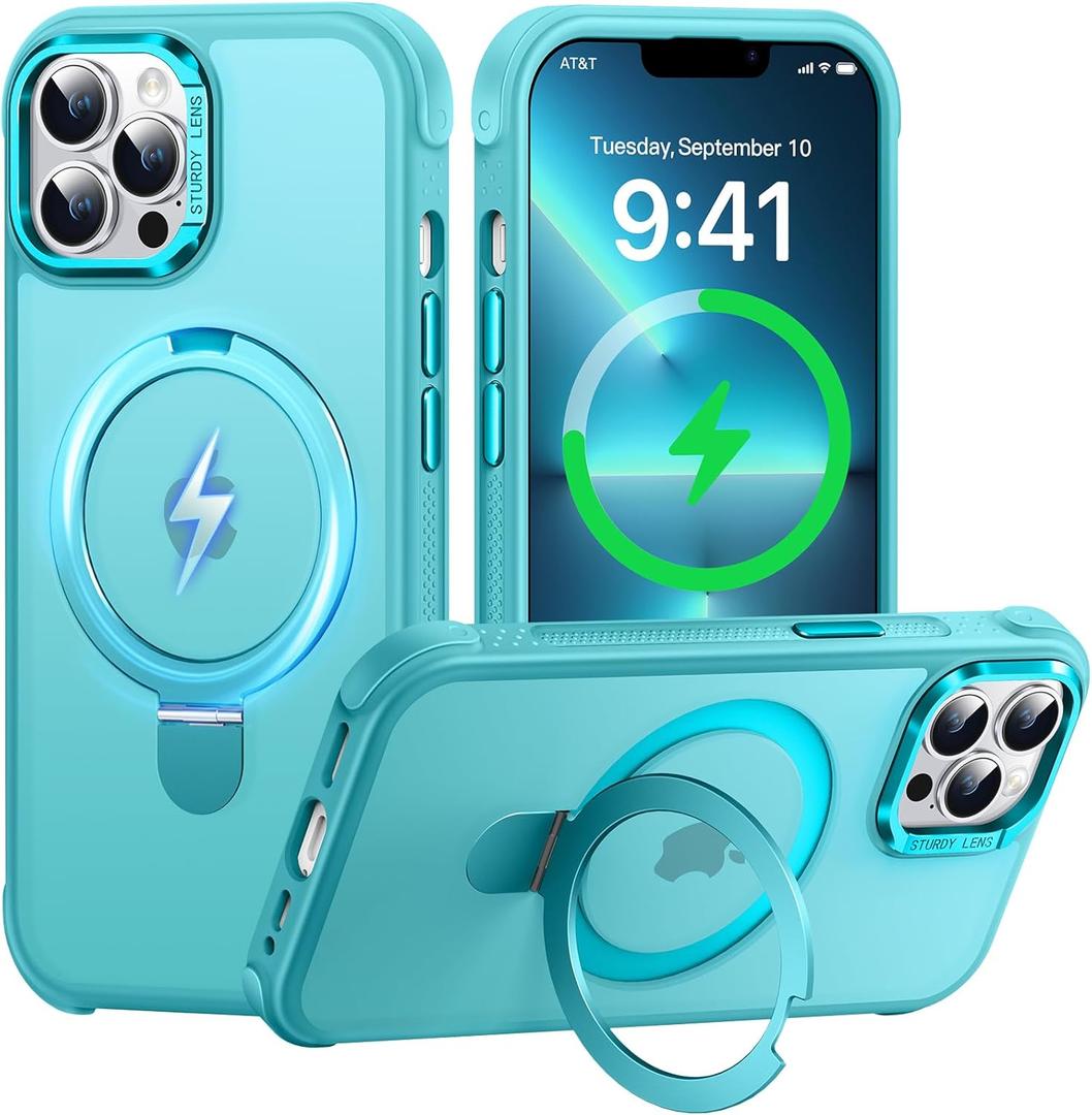 Case for iPhone 13 pro max, with Invisible Magnetic Stand, Mil-Grade Drop Protection, Non-Slip, Anti Fingerprint Anti Scratch, Shockproof Matte Phone Case (Lake Blue)