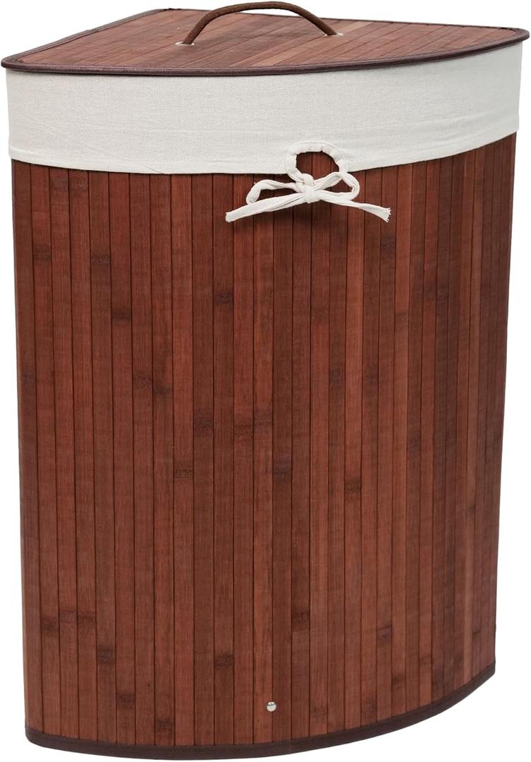 Space-Saving Bamboo Corner Laundry Hamper with Lid – 19 Gallon/73L Collapsible Clothes Basket – Removable Washable Liner – Decorative Wicker Storage for Bedroom, Bathroom, Apartment – Dark Brown