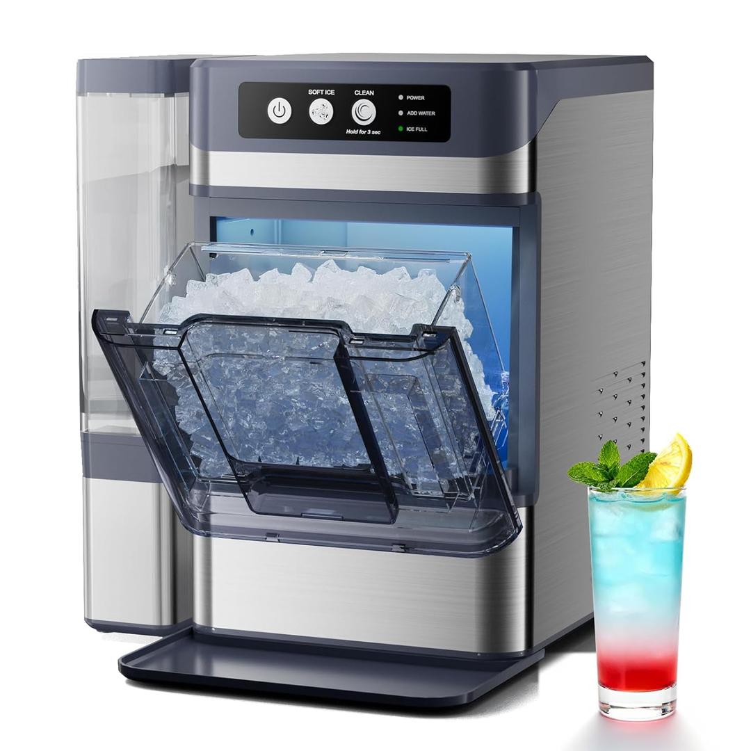 Nugget Ice Maker Countertop 44 Lbs/24h, Chewable Crunchable Ice Maker with Side Water Tank, Ready in 5-10 Mins, Self-Cleaning Pellet Ice Machine, Stainless Steel, Scoop Included