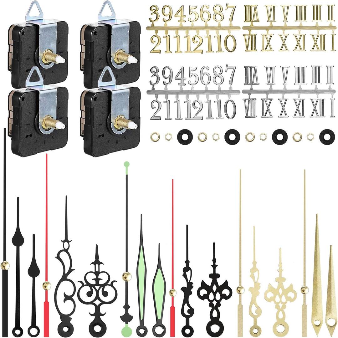 Mudder 4 Pieces Quartz DIY Wall Clock, Clock Numerals Kit, Movement Mechanism Battery Operated Clock Motor Kit with 6 Different Pairs of Hands for DIY Clock Repairment