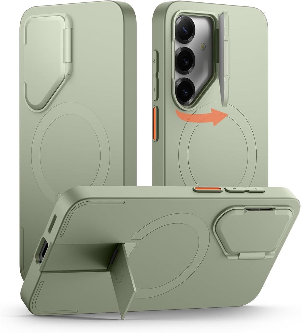 SURITCH for Samsung Galaxy S25 Phone Case, Magnetic Shockproof Bumper Case Slim Protective Cover with Camera Cover & Adjustable Metal Kickstand for Galaxy S25 (2025)Sage Green