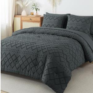 HYLEORY Queen Comforters Set with Sheets Gray - 7 Pieces Bed in a Bag Queen Chevron Tufted Complete Beddding Sets with Comforter, Sheets, Pillowcases & Shams