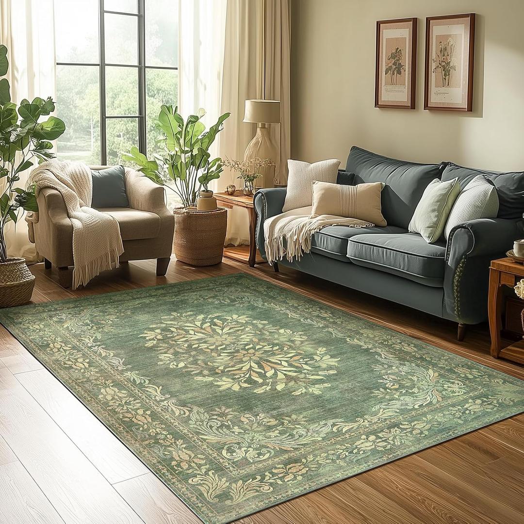 jinchan Green 4x6 Area Rugs Vintage Floral Design - Machine Washable Distressed Soft Ultra-Thin Low-Pile Non-Slip Carpet for Entryway Kitchen Bedroom Nursery Living Room Dining Room (4x6ft, Green)