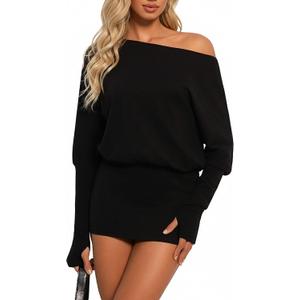 Women Off Shoulder Batwing Long Sleeve Bodycon Mini Dress Y2k Party Going Out Dresses (Black, L)