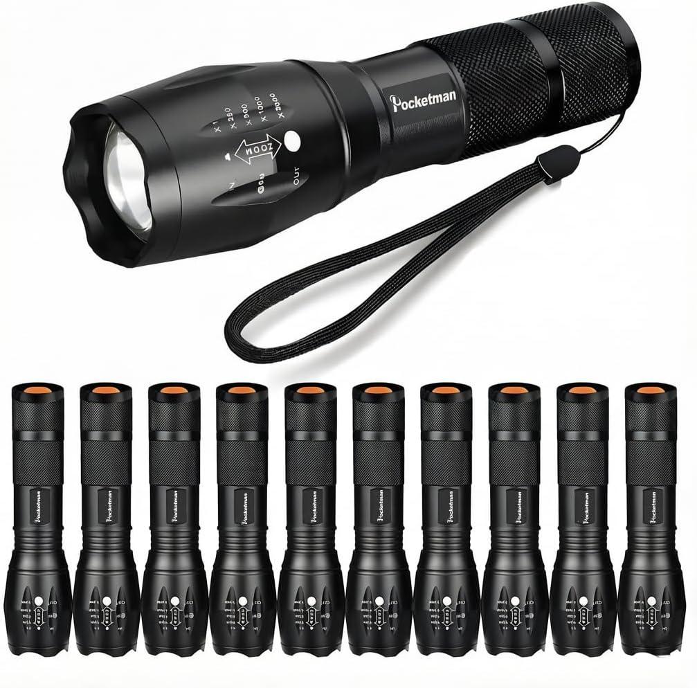 Pocketman LED Tactical Flashlight Super Bright LED Flashlights Portable Outdoor Water Resistant Torch with 5 Light Modes（10Pack）