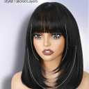 FANCEE Layered Wigs with Bangs 14 Inch Short Black Glueless Ready-to-Go Straight Synthetic Bob Wigs for Women Realistic Scalp Daily Cosplay Use
