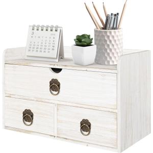 Wood Desk Organizer with Drawer, White Wooden Desktop Organizer, Tabletop Storage Organization Box for Countertop, Home Office Supplies, 13.5x6.6x8.2 Inch(3 Drawer and Shelf)
