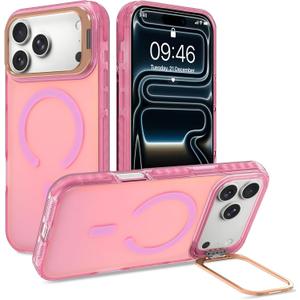 Cute Case for iPhone 17 Pro Case with Stand for Women Girls [Compatible with Magsafe] Aesthetic Glitter Sparkly Bling Magnetic Phone Cover with Camera Lens Kickstand, Iridescent Pink