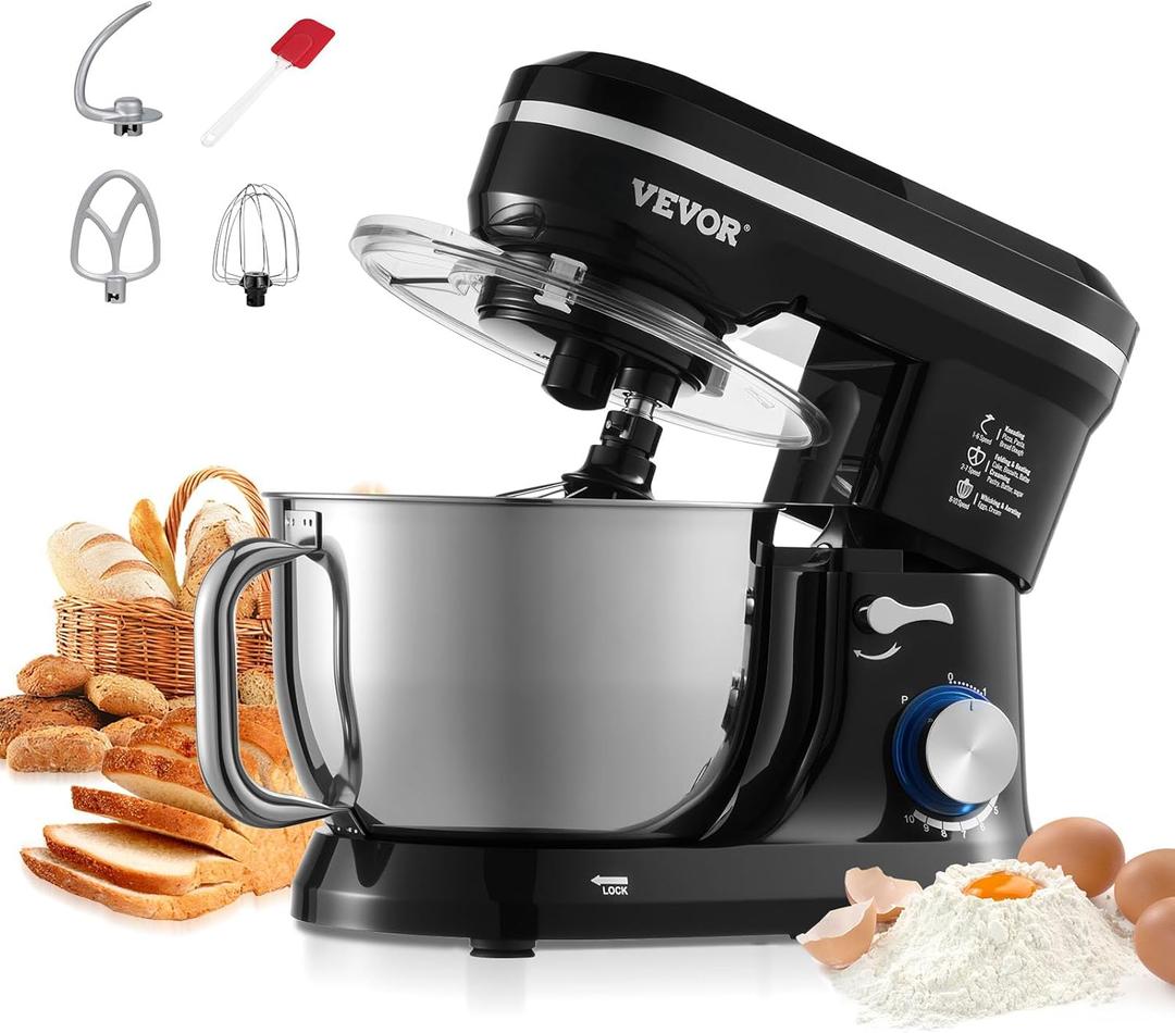 VEVOR Stand Mixer, 5QT Dough Mixer, 10+P Speeds Tilt-head Food Mixer, Kitchen Mixer with Stainless Steel Bowl, Dough Hook, Wire Whip, Beater, Scraper, Household Stand Mixer for Baking Mixing, Black