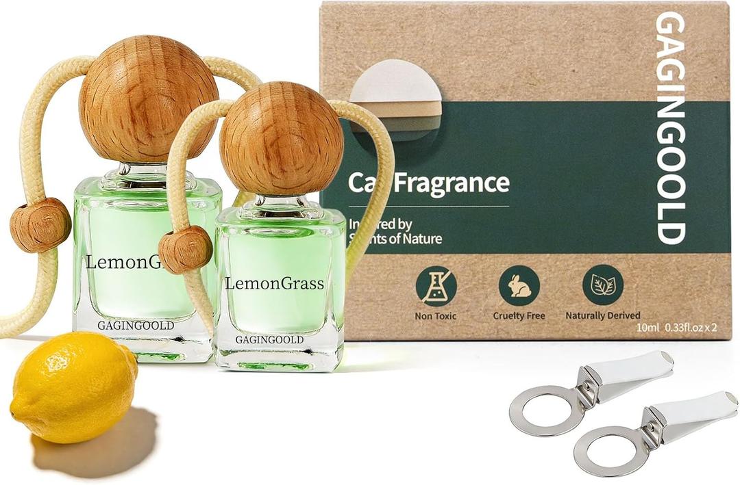 Car Air Freshener Hanging 2 Pack, Lemon Grass Scent Essential Oil Diffuser Long Lasting Up to 150 Days, Cute Car Accessories with 2 Vent Clip for Women Men Gift, Odor Eliminator