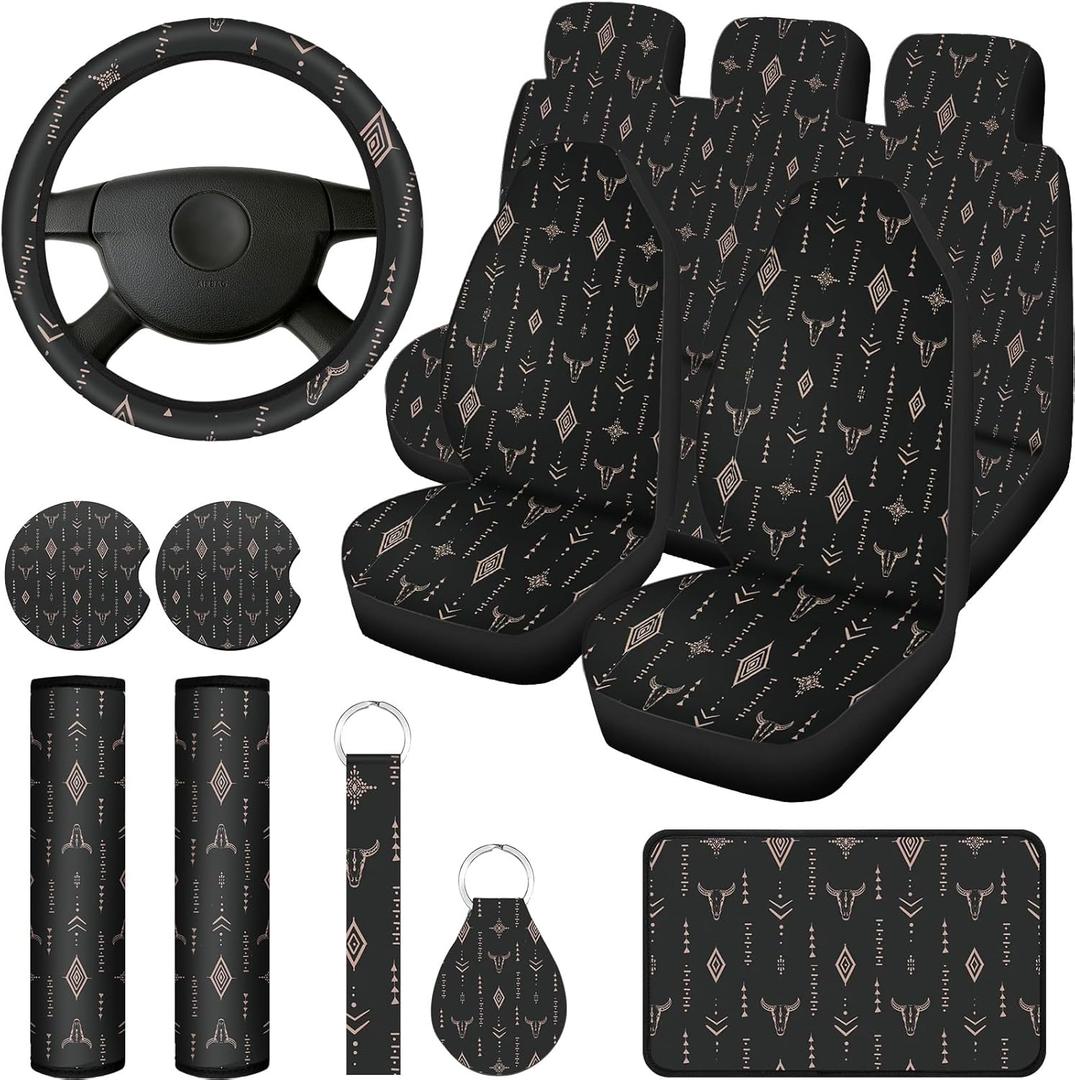Frienda 13 Pcs Western Print Car Seat Cover Full Set for Women Men Print Car Accessories Rubber Steering Wheel Armrest Pad Cover Seat Belt Pads Wrist Holder Keychain, Gray and Black