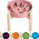 LE TAUCI Ceramic Slow Feed Dog Bowls, Elevated for Small and Medium Breed Dogs, Anti-Gulping Pet Feeding Dishes, Flower Pink, 1.5 Cups