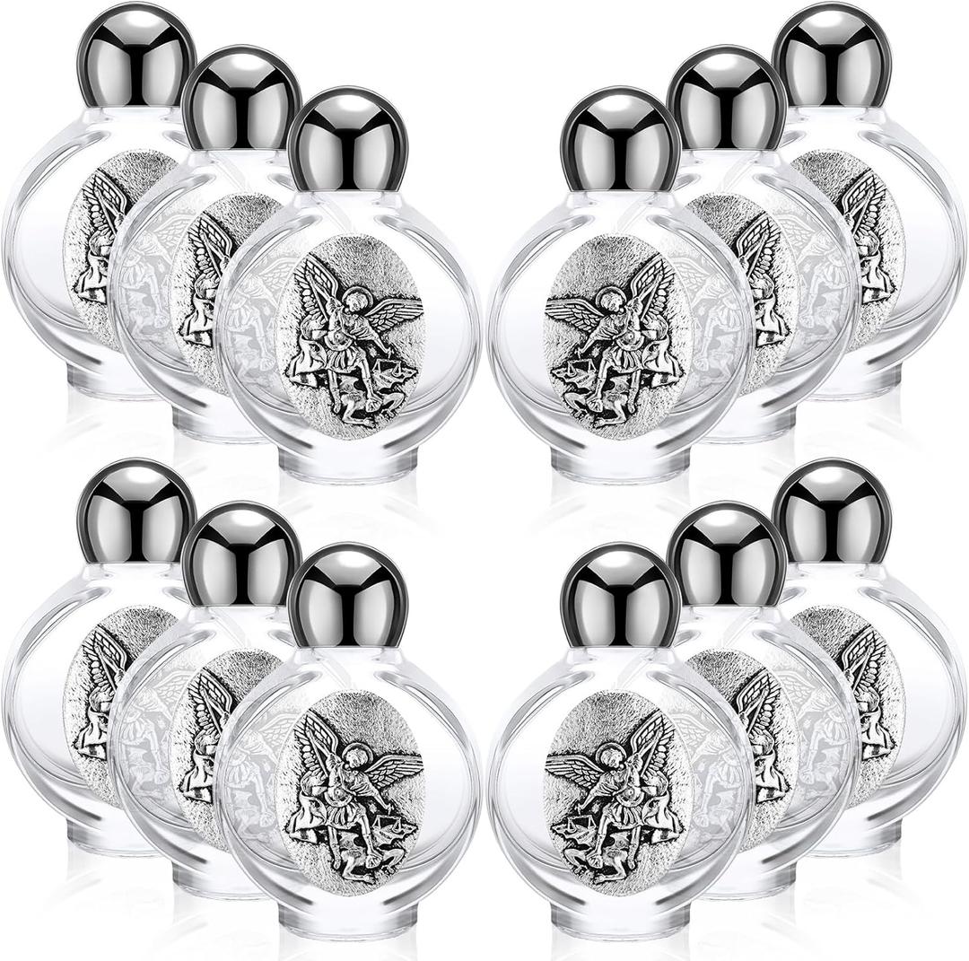 12 Pcs Catholic Holy Water Bottles 0.5 Floz Embossed Glass Holy Water Bottle with Toned Cap and Depiction Communion Gifts for Family Church (Silver,Saint Michael the Archangel Round Cap)