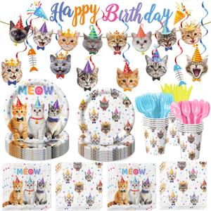 170PCS Cat Birthday Decorations Cat Birthday Party Supplies - Includes Plates, Napkins, Cups, Cutlery, Banner, Hanging Swirl for Cat Birthday Party Decorations, Serves 24
