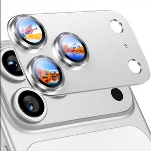 Uyiton Compatible with iPhone 17 Pro Camera Lens Protector - [Not Easy to Break][Strong Adsorption][Case-Friendly] Metal Tempered Glass Rear Camera Screen Cover - Silver