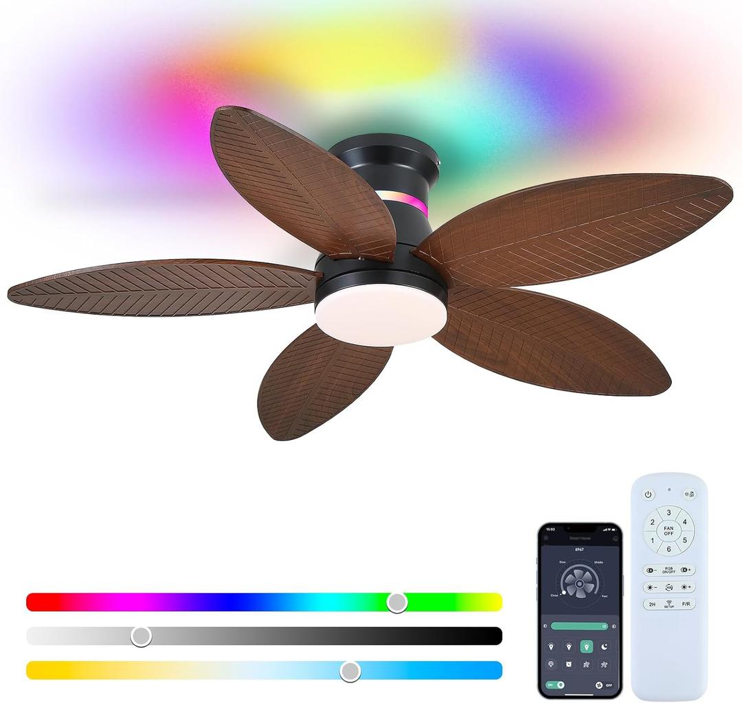 Tropical Palm Leaf RGB Ceiling Fans with Lights 46, Brown Flush Mount Ceiling Fan with Light and Remote, 3CCT Dimmable LED&&Side RGB Light, Reversible 6 Speeds, Quite Low Profile Ceiling Fan Party