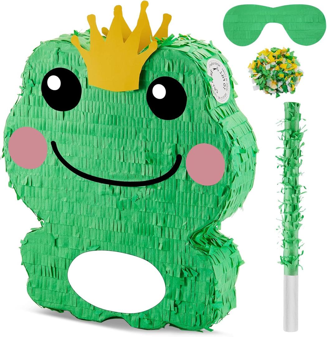 Lewtemi 15'' x 12'' x 3'' Frog Piata Set Frog Birthday Decorations Include Large Piata, Stick, Blindfold and Confetti for Kids Frog Party Decorations Favors Supplies Outdoor Games