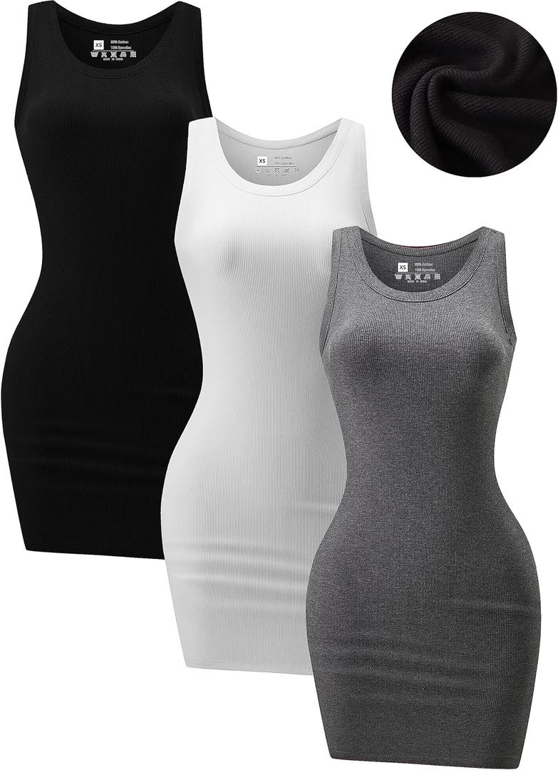 3 Pack Summer Dresses for Women 2025 Ribbed Tank Dress Scoop Neck Sleeveless Sundress Basic Bodycon Mini Dress (Small, Black/White/Gray1)