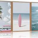 SIKERIC Large Beach Seascape Framed Canvas Wall Art Set of 3, Palm Tree Surfboard Wall Decor, Relax Summer Ocean Surfing Artwork, Modern Coastal Landscapel Art Print for Living Room, Bedroom -16x24
