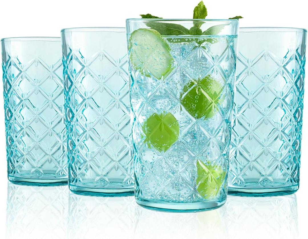 CREATIVELAND Drinking Highball Glasses Set of 4, Vintage Cross Hatch Glass Cups, 16.2oz Tall Drinking Water Glasses, Dishwasher Safe Blue Glass Tumbler Glassware for Water, Juice, Cocktail, Coffee
