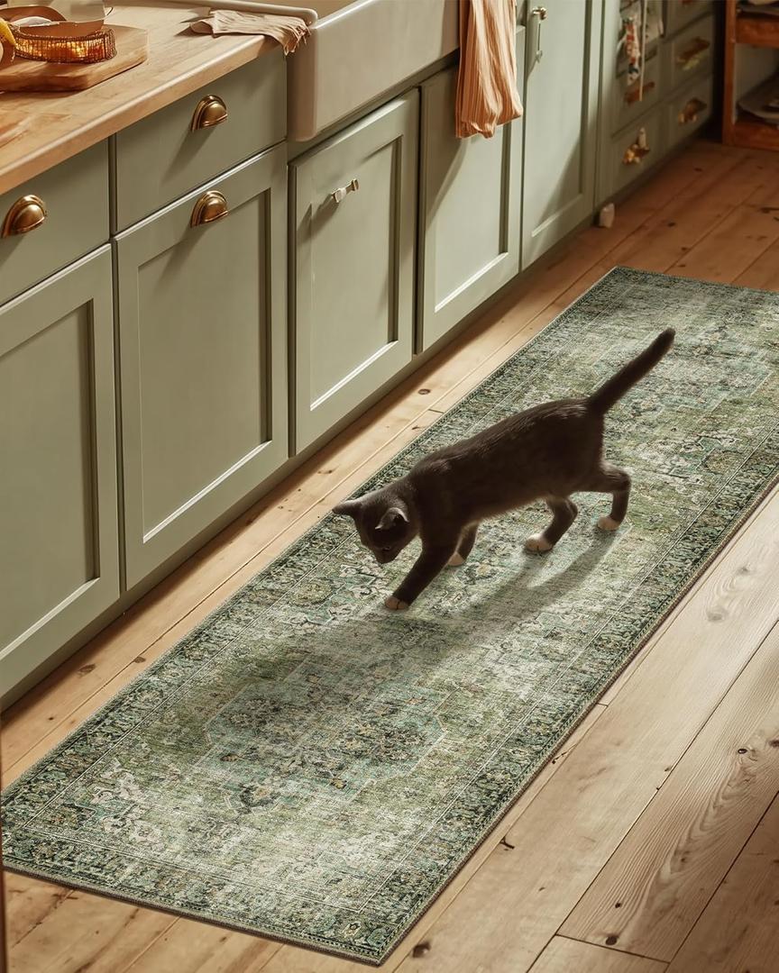 Machine Washable Kitchen Runner Rug: 2'6"x8' Hallway Rug Non Slip Low-Pile Stain Resistant Soft Carpet Runners for Entryway Hallways Kitchen Laundry Room Beside Farmhouse (Black and Green)
