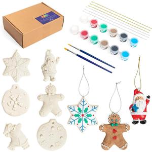 Bright Creations 26-Piece DIY Paint Your Own Ceramics for Kids and Adults - Gingerbread Man, Snowflake, Santas - Ready-to-Decorate Hanging Ornaments with Brush and Paint Set, 2.3 x 4 in