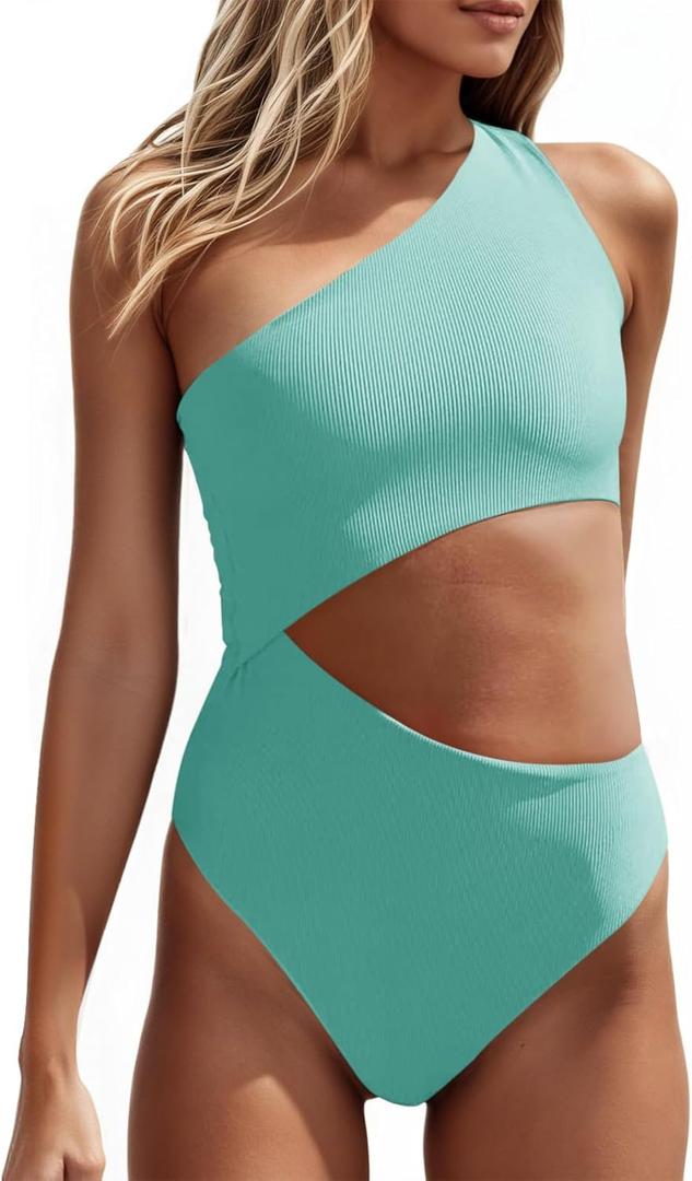 Women's One Piece Ribbed Swimsuit One Shoulder Cutout Swimwear Sexy Bathing Suit (Medium, Mint Green)