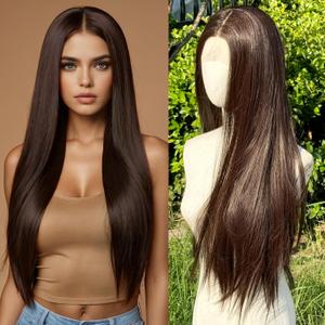 WIGNEE 13x4 Synthetic Lace Front Wig 28 Inch Silky Long Straight Wig Pre-Plucked Kanekalon Hair Glueless Wig with Natural Hairline Free Part Lace Front Wig Dark Brown Wigs for Black Women