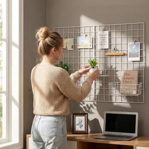 Kaforise Wire Wall Grid Panel, Multifunction Painted Photo Hanging Display and Wall Storage Organizer, Pack of 2, Size 25.6" x 17.7" White