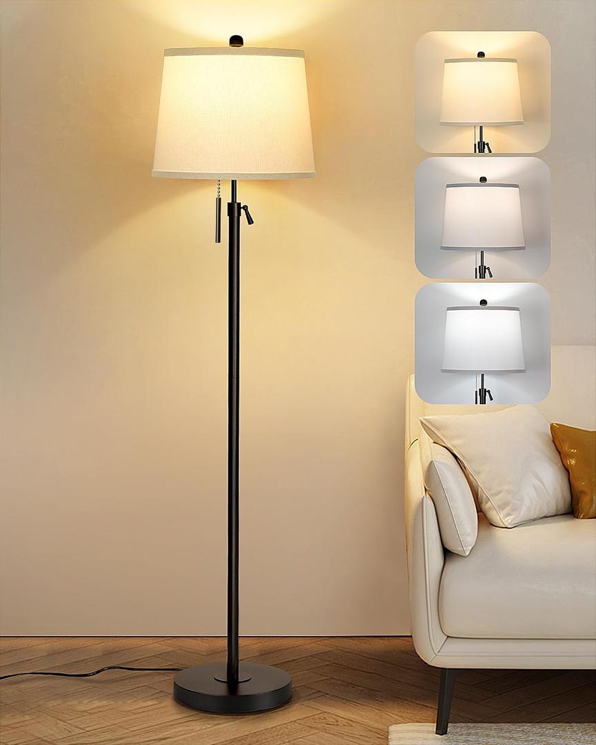Black Floor Lamps for Living Room Adjustable Height Standing Lamp Modern Tall Pole Lamps for Bedroom Office with White Linen Shade 3 Color Temperature 9W LED Bulb Included