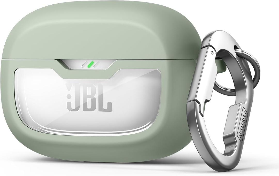 SURITCH Case Cover for JBL Vibe Beam/JBL Vibe Beam 2/ JBL Vibe 200TWS Earbuds, Shockproof Magnetic Protective Headphone Cover, Rugged Bumper Case with Carabiner & Cleaning Kit & Removal Tool, Green