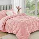 JOLLYVOGUE Queen Comforter Set 7 Pieces - Bed in a Bag Queen for All Season, Pintuck Bedding Comforter Sets with Comforter, Flat Sheet, Fitted Sheet and Pillowcases & Shams, Pink