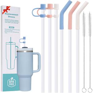 6pc Plastic Replacement Straws Reusable for Stanley Tumbler 30 oz 40 oz, 12 Inch Straight Replacement Straw with Silicone Tips, Straw Covers and Cleaning Brushes