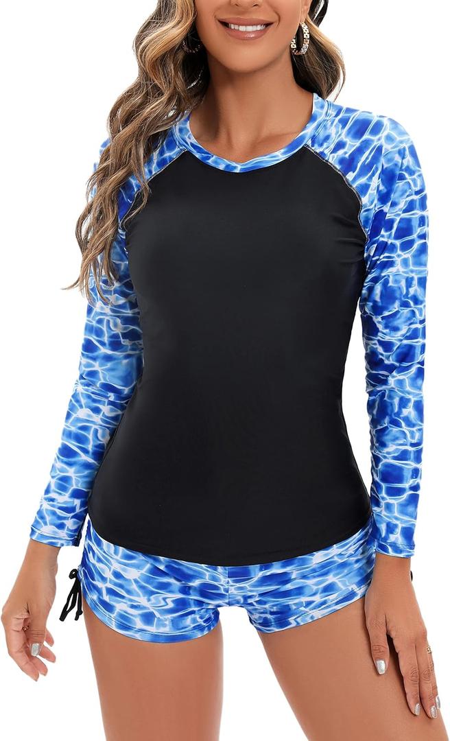 YATEEN Women's Long Sleeve Sun Protection Rash Guard Wetsuit Two Piece Swimsuit Set (Medium, #4 Black / Blue)