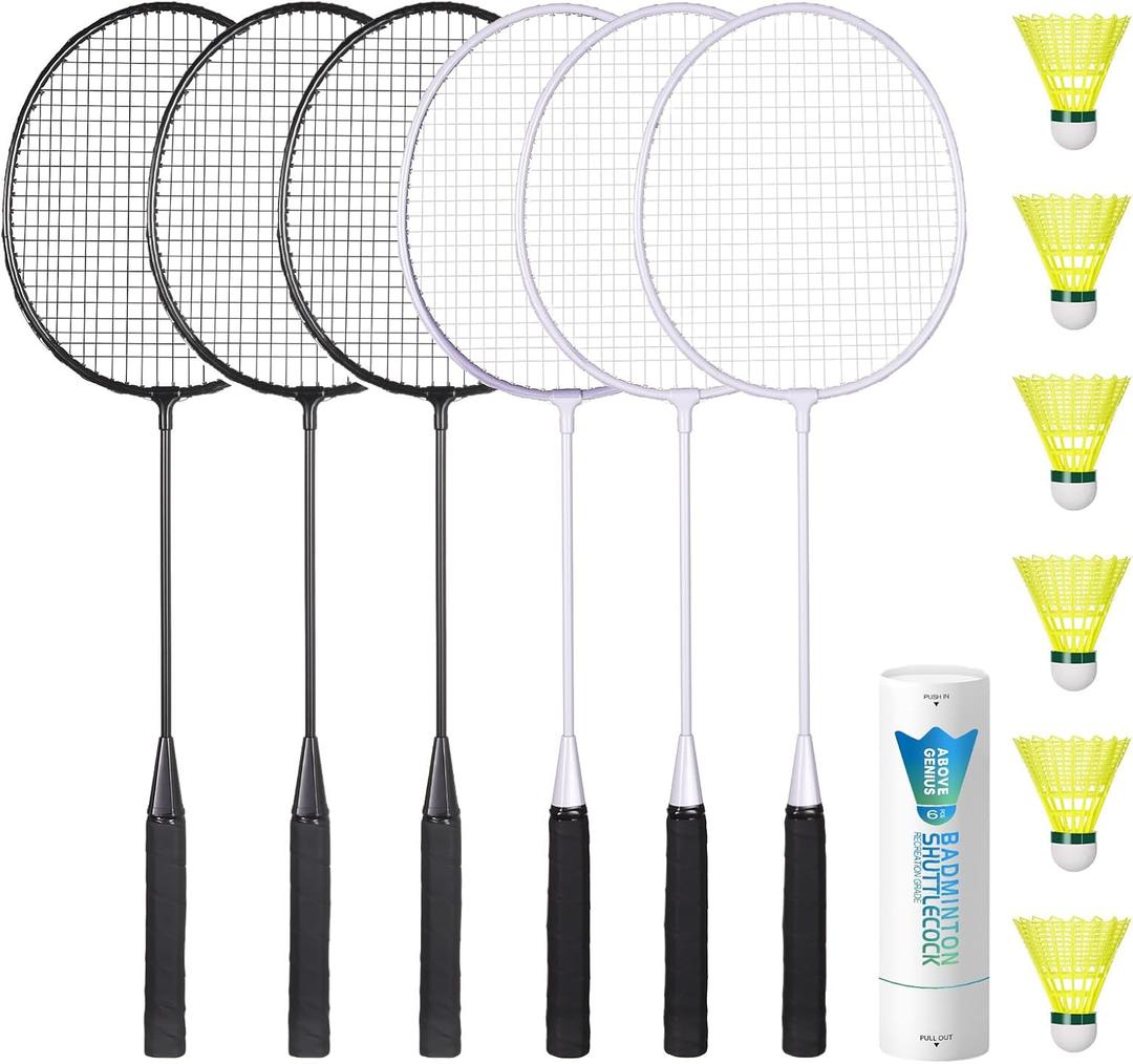 AboveGenius Badminton Rackets Set of 6 for Outdoor Backyard Games, Including 6 Rackets, 6 Nylon Badminton Shuttlecocks, Lightweight Badminton Racquets for Beginners