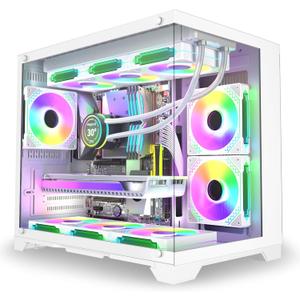 MATX PC Case, 6 ARGB Fans Pre-Installed, Type-C Gaming PC Case, 360mm Radiator Support, Tempered Glass Front & Side Panels, Mid Tower White Micro ATX Computer Case (Not for ATX)