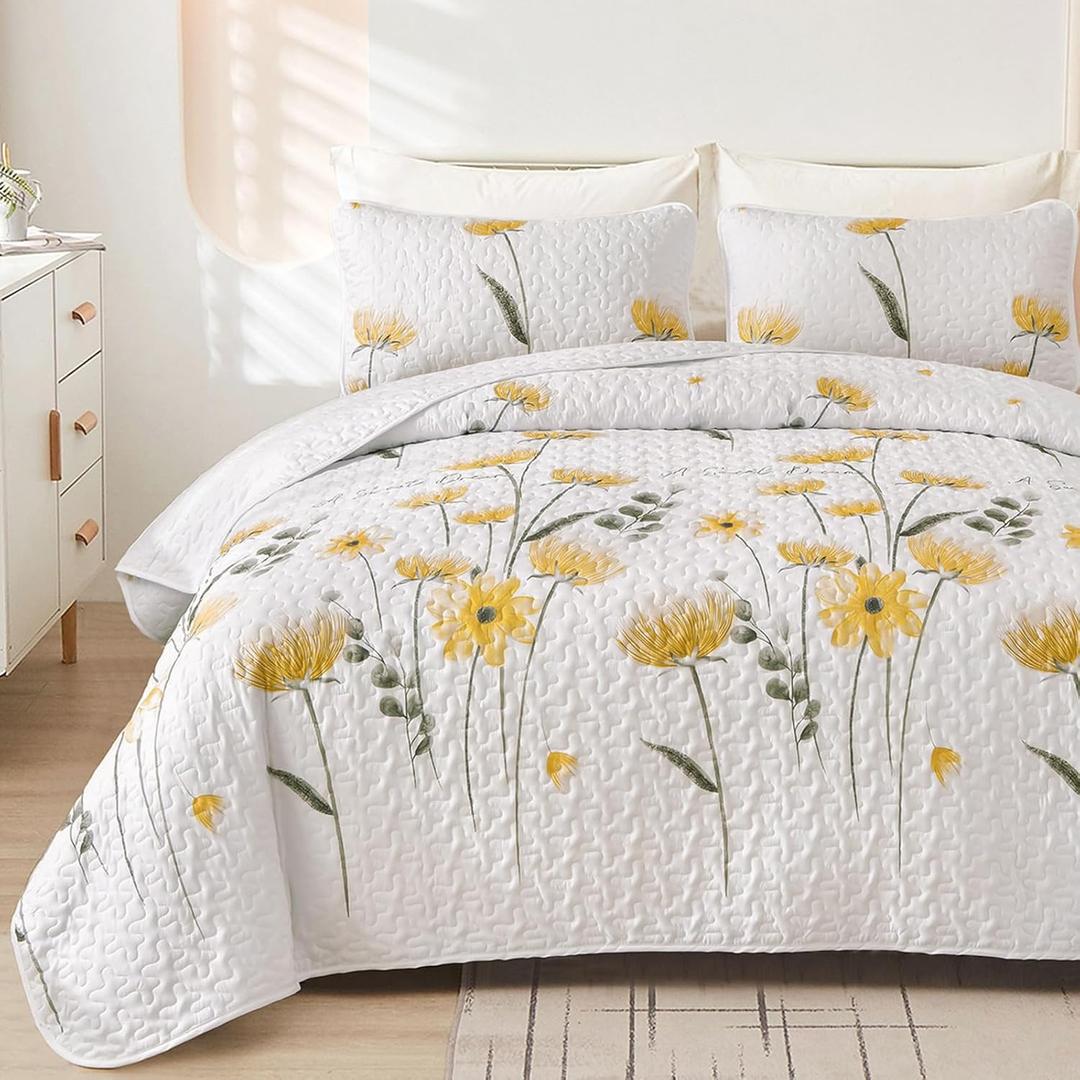 Quilt Set Queen Cute Floral Bedspread Coverlet Yellow Flower Quilts Microfiber Lightweight Summer Bedding Sets Reversible Soft Quilted Bed Cover for All Season(96"x90")